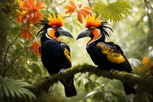 A Couple Of Beautiful Hornbills On A Tree