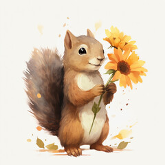 Wall Mural - A cute little squirrel holding flowers