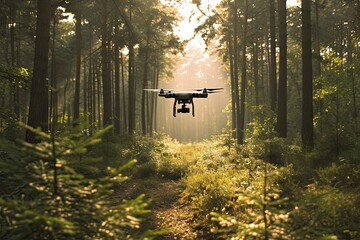 Wall Mural - High tech aerial exploration. Modern drone flying over misty rainforest at sunset. Professional surveillance. Cutting edge technology in nature. Innovation in flight. Capturing beauty of foggy forest