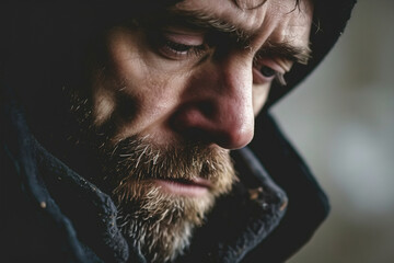 Male depression and loneliness. Close-up of a man's face suffering from a despairing feeling, looking down