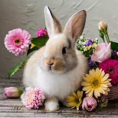 portrait of cute fluffy white and brown bunny with flowers