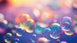 A diverse cluster of soap bubbles illuminated by the warm glow of sunlight against a vivid backdrop.