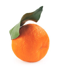 Wall Mural - Ripe juicy tangerine isolated on a white background. Organic tangerine with green leaf. Mandarin.