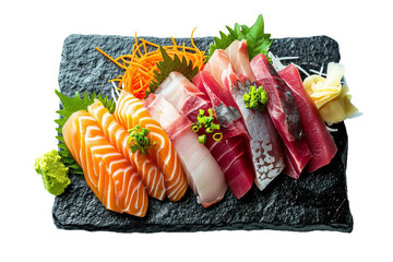 Wall Mural - Sashimi , black stone, transparent background, isolated image, generative AI