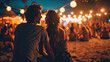 couple lean against at full moon party