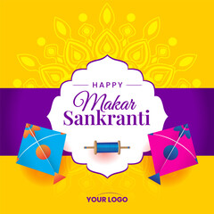 Wall Mural - makar sankranti with kites yellow mandala festive background vector