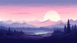 flat illustration of pine forests and mountains with dawn nuances