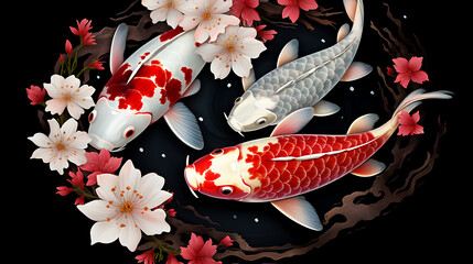 Wall Mural - A koi carp combined with sakura, with black, white and red, Japanese concept