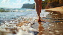 Closeup Of Woman Feet Walking On Sand Beach
