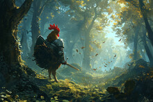 Illustration Of A Chicken Knight In The Forest