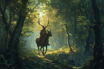 Wall Mural - illustration of a forest deer knight
