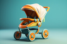 Baby Colorful  Stroller Cartoon  On Blue Background, 3d Illustration , Generative Ai