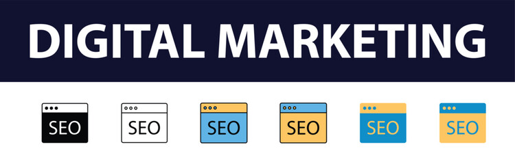 Wall Mural - Dynamic Digital Presence: Comprehensive Set of Digital Marketing Color Fill and Line Icons - Website, SEO, Social Media, Online Advertising, Mail, Content, Strategy, Target, Feedback