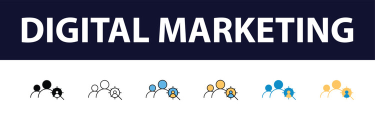 Wall Mural - Dynamic Digital Presence: Comprehensive Set of Digital Marketing Color Fill and Line Icons - Website, SEO, Social Media, Online Advertising, Mail, Content, Strategy, Target, Feedback