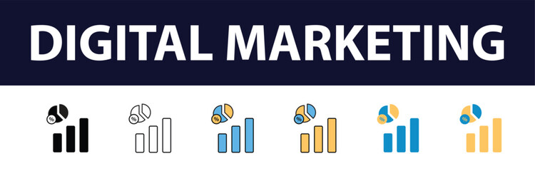 Wall Mural - Dynamic Digital Presence: Comprehensive Set of Digital Marketing Color Fill and Line Icons - Website, SEO, Social Media, Online Advertising, Mail, Content, Strategy, Target, Feedback