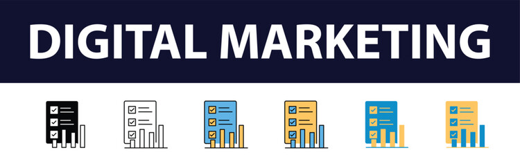 Wall Mural - Dynamic Digital Presence: Comprehensive Set of Digital Marketing Color Fill and Line Icons - Website, SEO, Social Media, Online Advertising, Mail, Content, Strategy, Target, Feedback
