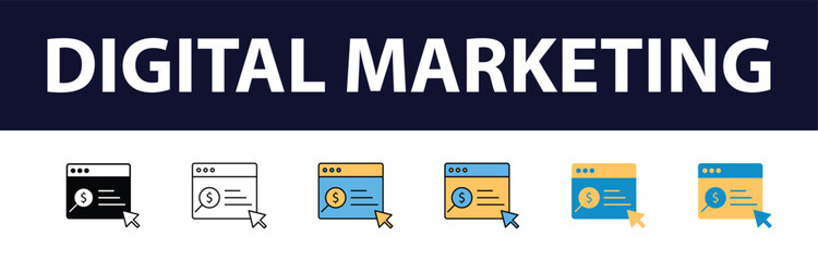 Wall Mural - Dynamic Digital Presence: Comprehensive Set of Digital Marketing Color Fill and Line Icons - Website, SEO, Social Media, Online Advertising, Mail, Content, Strategy, Target, Feedback