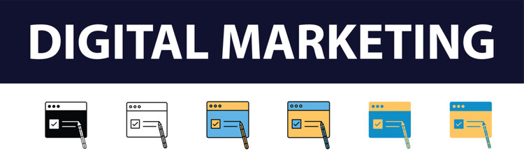 Wall Mural - Dynamic Digital Presence: Comprehensive Set of Digital Marketing Color Fill and Line Icons - Website, SEO, Social Media, Online Advertising, Mail, Content, Strategy, Target, Feedback