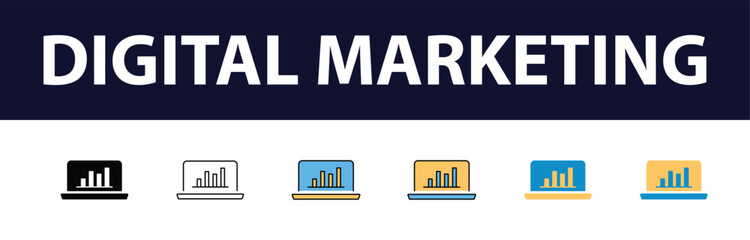 Wall Mural - Dynamic Digital Presence: Comprehensive Set of Digital Marketing Color Fill and Line Icons - Website, SEO, Social Media, Online Advertising, Mail, Content, Strategy, Target, Feedback