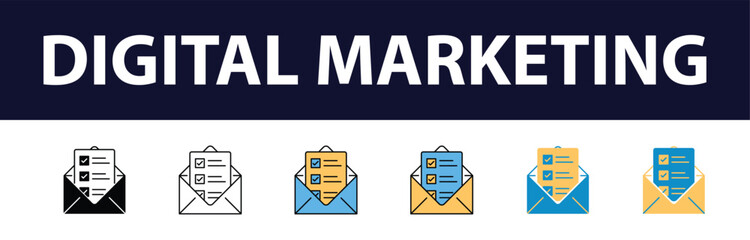 Wall Mural - Dynamic Digital Presence: Comprehensive Set of Digital Marketing Color Fill and Line Icons - Website, SEO, Social Media, Online Advertising, Mail, Content, Strategy, Target, Feedback