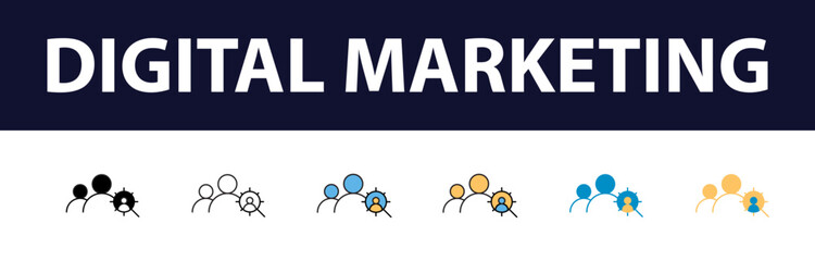 Wall Mural - Dynamic Digital Presence: Comprehensive Set of Digital Marketing Color Fill and Line Icons - Website, SEO, Social Media, Online Advertising, Mail, Content, Strategy, Target, Feedback