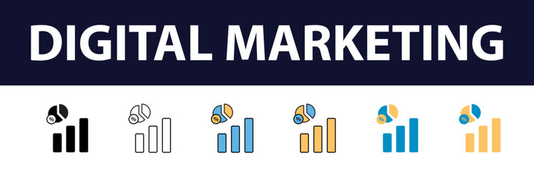 Wall Mural - Dynamic Digital Presence: Comprehensive Set of Digital Marketing Color Fill and Line Icons - Website, SEO, Social Media, Online Advertising, Mail, Content, Strategy, Target, Feedback