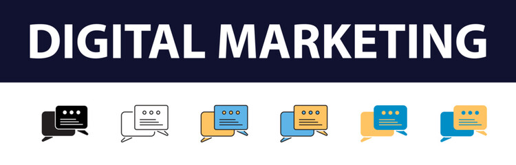 Wall Mural - Dynamic Digital Presence: Comprehensive Set of Digital Marketing Color Fill and Line Icons - Website, SEO, Social Media, Online Advertising, Mail, Content, Strategy, Target, Feedback
