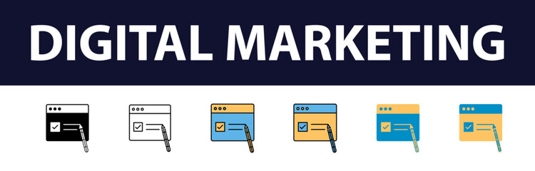 Wall Mural - Dynamic Digital Presence: Comprehensive Set of Digital Marketing Color Fill and Line Icons - Website, SEO, Social Media, Online Advertising, Mail, Content, Strategy, Target, Feedback
