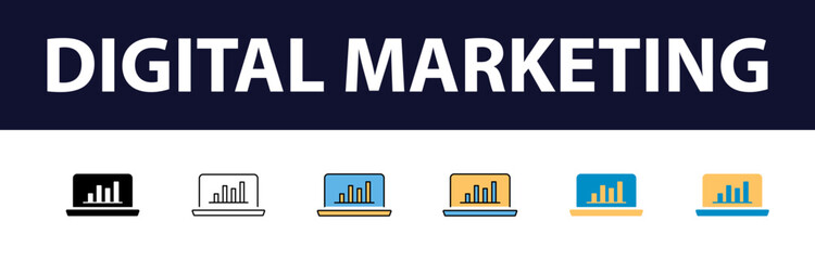 Wall Mural - Dynamic Digital Presence: Comprehensive Set of Digital Marketing Color Fill and Line Icons - Website, SEO, Social Media, Online Advertising, Mail, Content, Strategy, Target, Feedback
