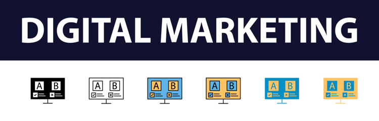 Wall Mural - Dynamic Digital Presence: Comprehensive Set of Digital Marketing Color Fill and Line Icons - Website, SEO, Social Media, Online Advertising, Mail, Content, Strategy, Target, Feedback