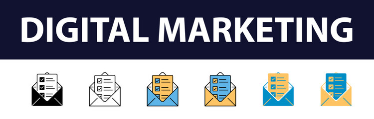 Wall Mural - Dynamic Digital Presence: Comprehensive Set of Digital Marketing Color Fill and Line Icons - Website, SEO, Social Media, Online Advertising, Mail, Content, Strategy, Target, Feedback