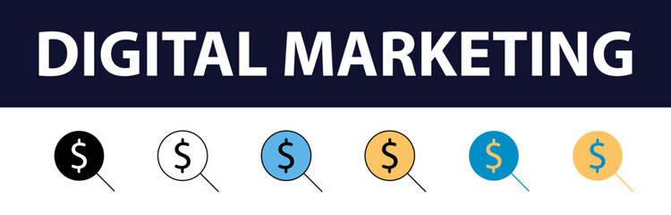 Wall Mural - Dynamic Digital Presence: Comprehensive Set of Digital Marketing Color Fill and Line Icons - Website, SEO, Social Media, Online Advertising, Mail, Content, Strategy, Target, Feedback