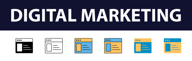 Wall Mural - Dynamic Digital Presence: Comprehensive Set of Digital Marketing Color Fill and Line Icons - Website, SEO, Social Media, Online Advertising, Mail, Content, Strategy, Target, Feedback