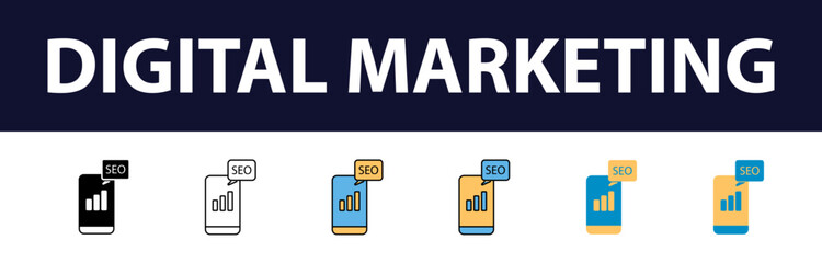 Wall Mural - Dynamic Digital Presence: Comprehensive Set of Digital Marketing Color Fill and Line Icons - Website, SEO, Social Media, Online Advertising, Mail, Content, Strategy, Target, Feedback