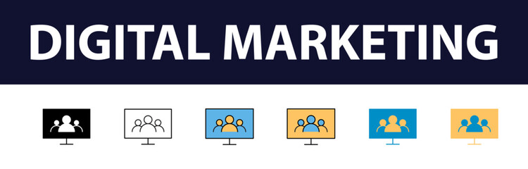 Wall Mural - Dynamic Digital Presence: Comprehensive Set of Digital Marketing Color Fill and Line Icons - Website, SEO, Social Media, Online Advertising, Mail, Content, Strategy, Target, Feedback