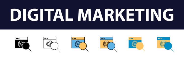 Wall Mural - Dynamic Digital Presence: Comprehensive Set of Digital Marketing Color Fill and Line Icons - Website, SEO, Social Media, Online Advertising, Mail, Content, Strategy, Target, Feedback
