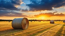Large Rolls Of Hay In The Field After Harvest. Rural Landscape With Rolled Hay In Ripe Wheat Field.sunset,sunrise Background