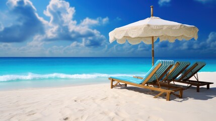 View of a calm beach during a sunny day, with lounge chairs on the beach sand