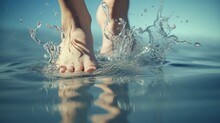 Close Up Of Feet Walking On A Puddle Of Clean Water