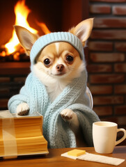 Wall Mural - Warm in winter. Portrait of a dog wearing glasses, a warm hat and a scarf with a cup of hot drink.