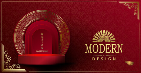Canvas Print - Chinese New Year, texture red illustration with golden ornament frame and round podium.