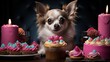 chihuahua dog with birthday cake.