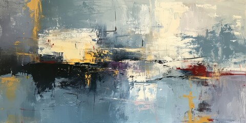 Canvas Print - Abstract oil paint soft blues and greys with hints yellow, and red.  lines intersect and overlap, creating a sense of depth and layering within the composition.