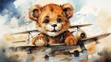Cute Baby Lion In A Plane Flying In The Sky Painted In Watercolor On A White Isolated Background.