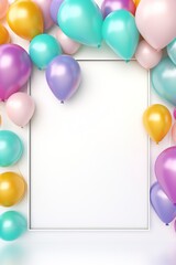 White background with shiny colorful balloons and an open frame, in the style of light pastel colors