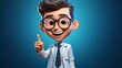 Full body cartoon character, cute caucasian man doctor wears glasses and white coat, shows right direction with finger. Medical clip art isolated on blue background. Health care assistant.