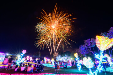 Chiang Mai fireworks display countdown celebration at Chaloem Phrakiat Park, Chiang Mai Province, Thailand.