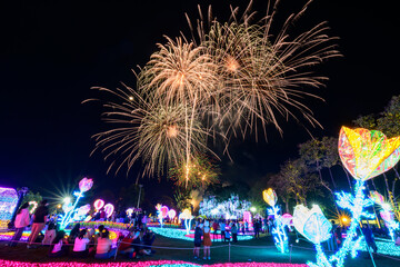 Chiang Mai fireworks display countdown celebration at Chaloem Phrakiat Park, Chiang Mai Province, Thailand.