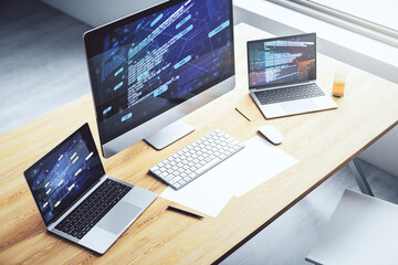 Wall Mural - computer monitor with abstract creative programming illustration, big data and blockchain concept. 3