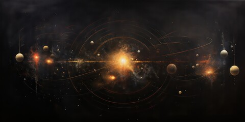 Wall Mural - Oil painting  texture set against a black background, presenting an abstract representation astral imagery, depicting planets and stars suspended.